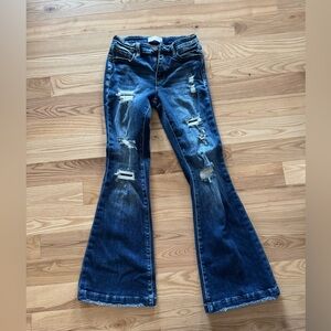 Dark Blue Distressed Flare Jeans